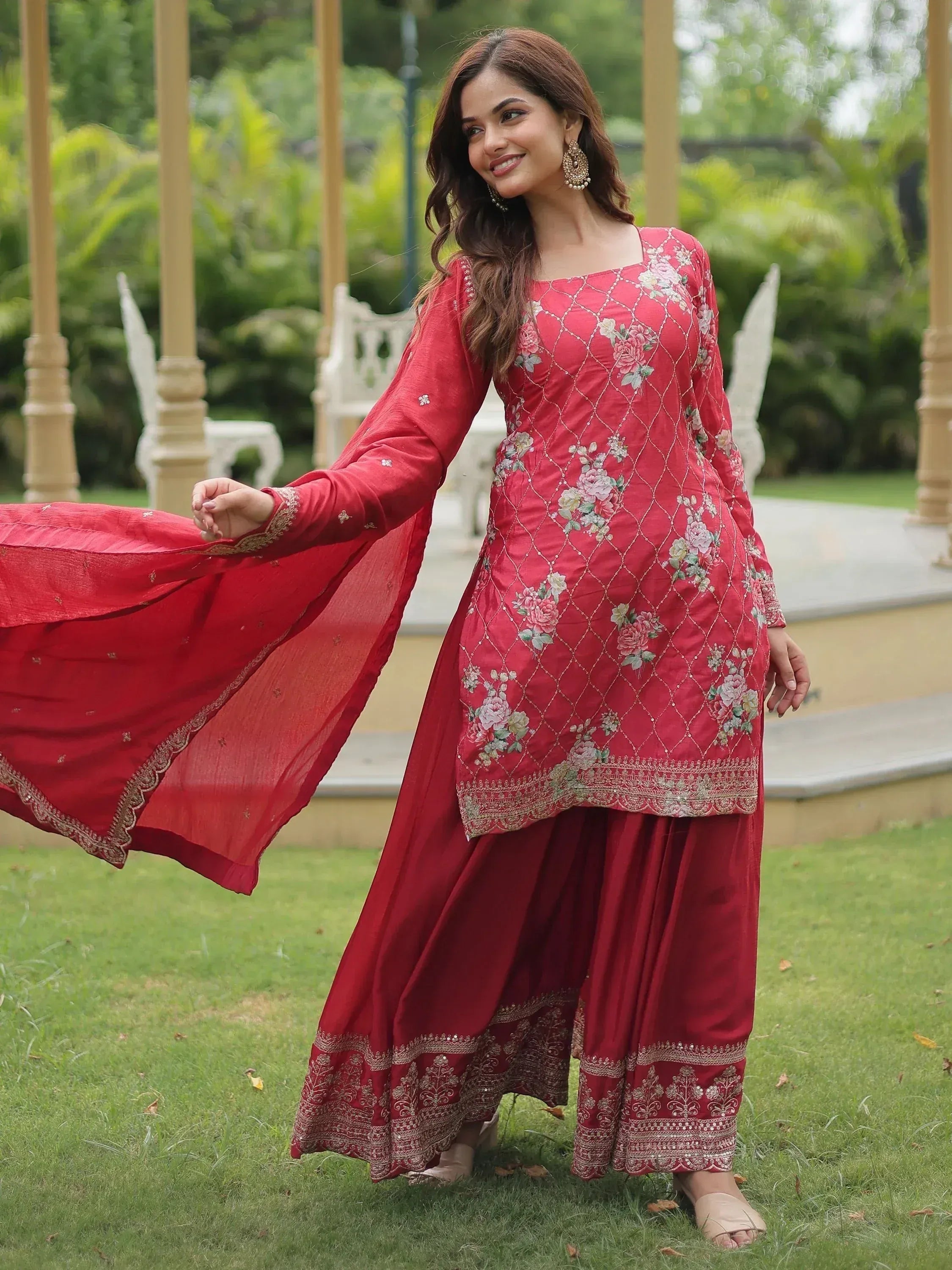 Red floral embroidered salwar kameez with palazzo pants and dupatta, perfect for ethnic occasions