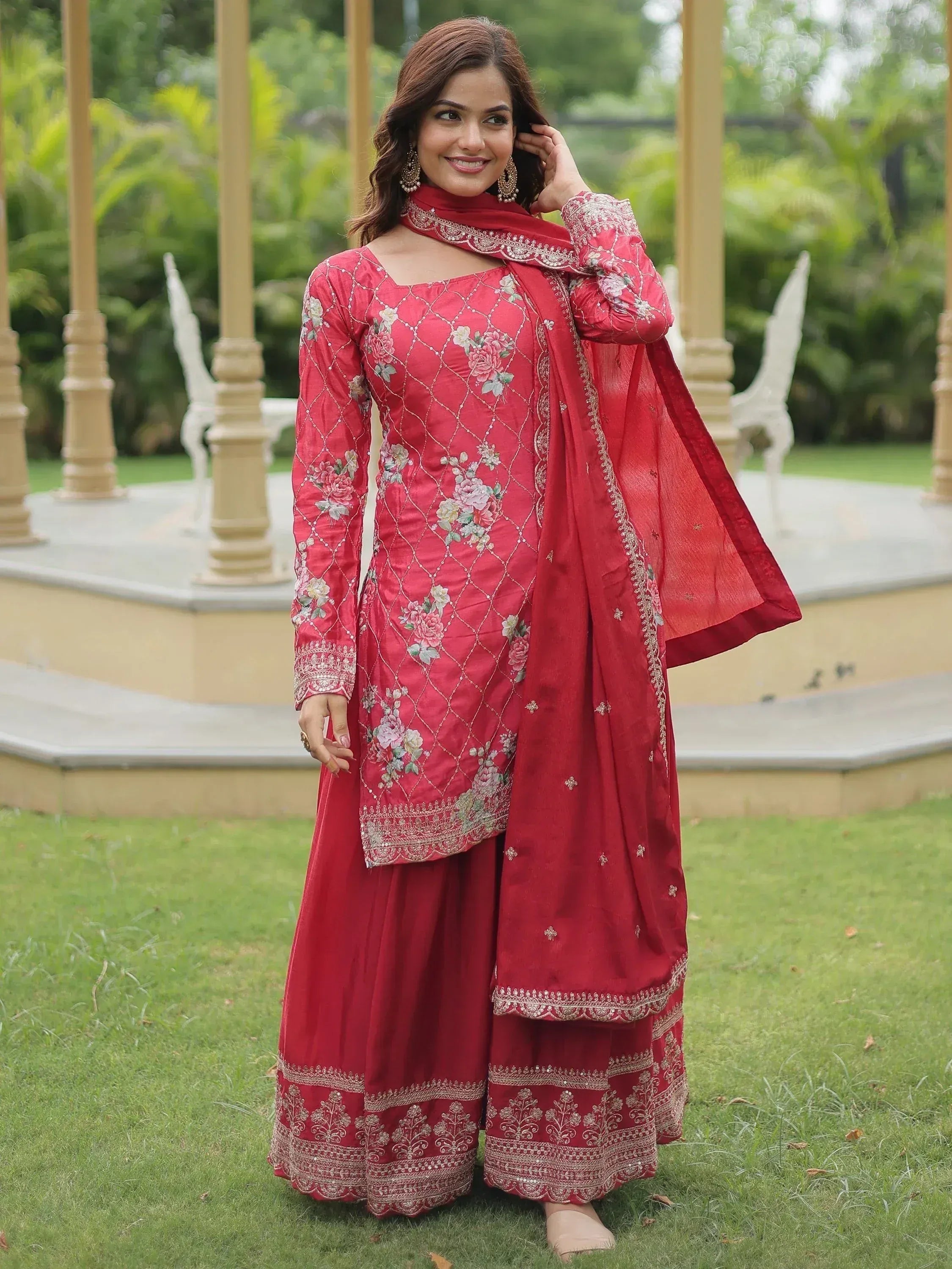 Red floral embroidered salwar kameez with dupatta, Indian ethnic wear for women