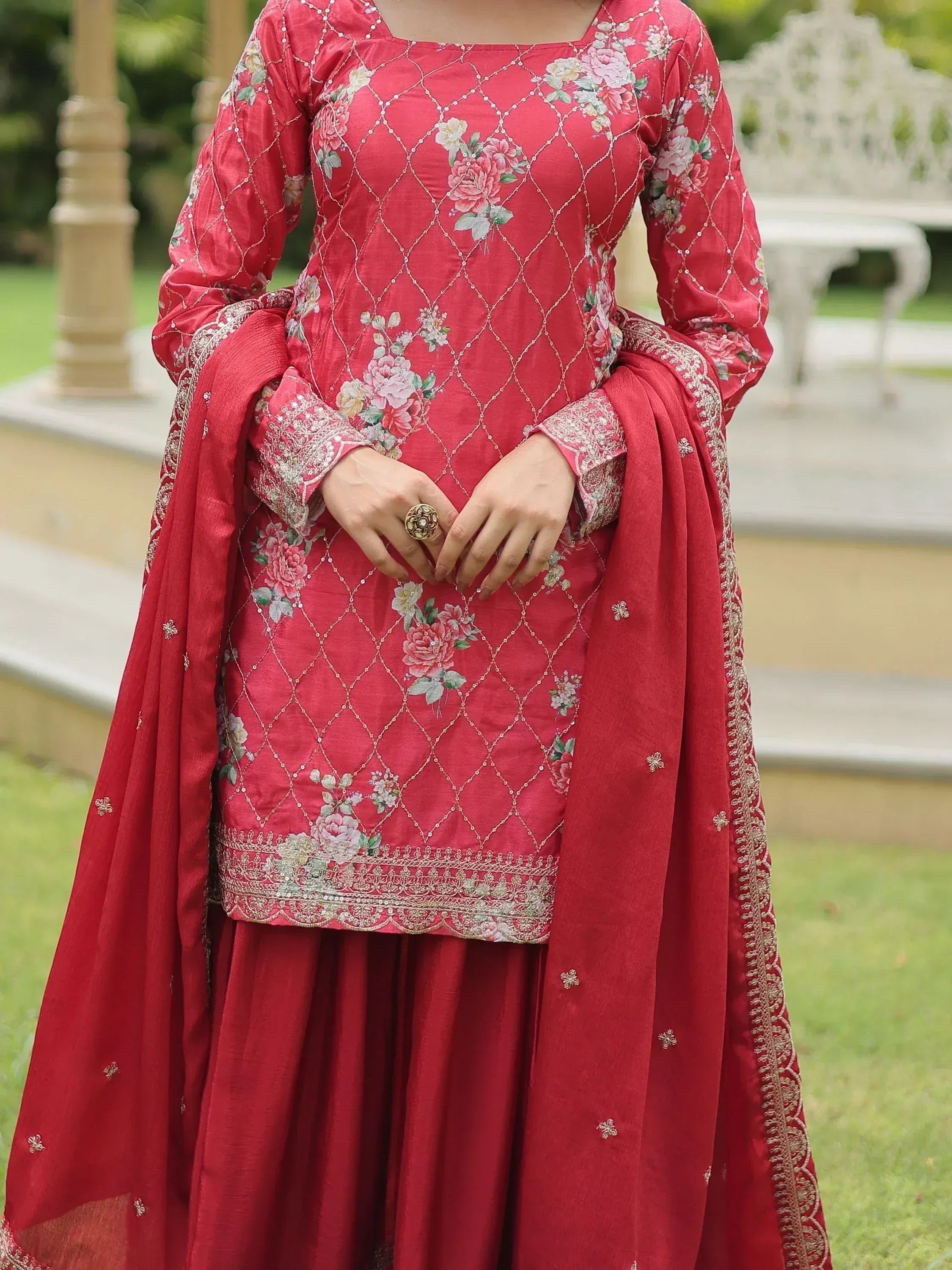 Red floral embroidered salwar kameez with dupatta, Indian ethnic wear for women
