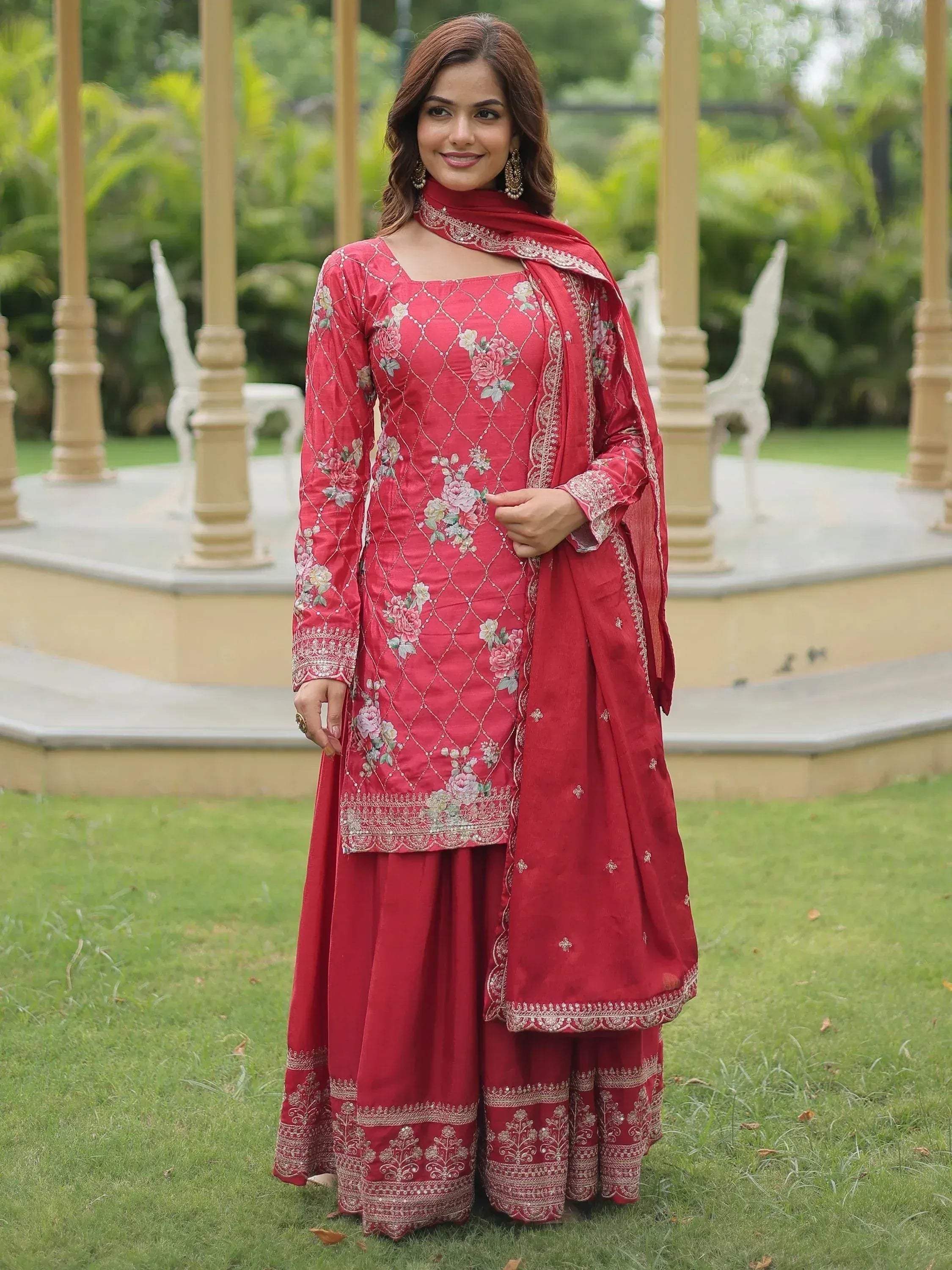 Red floral embroidered Indian salwar kameez with dupatta, perfect for festive occasions and ethnic wear.
