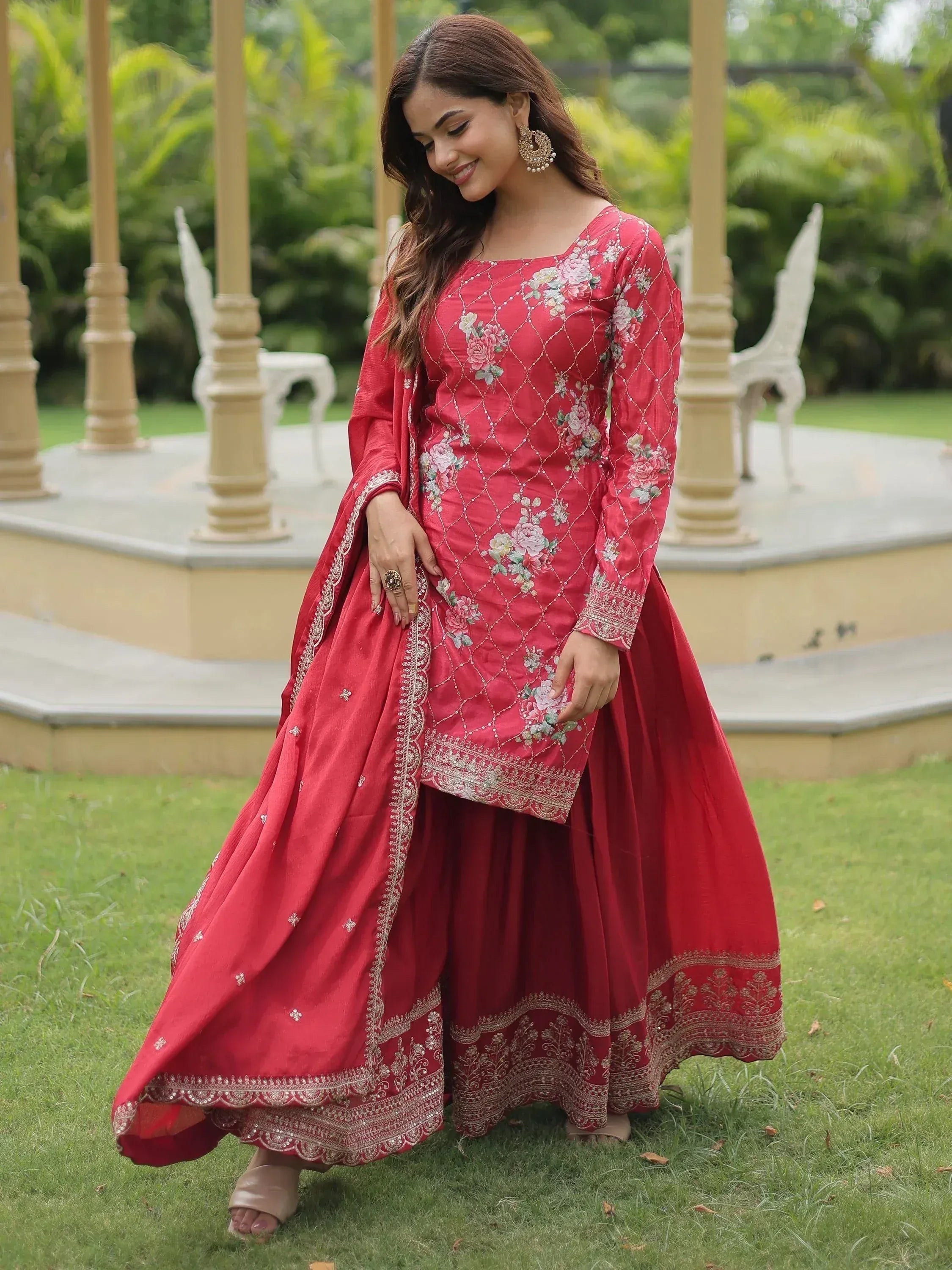 Red floral embroidered Indian ethnic wear with palazzo pants and dupatta, perfect for festive occasions.
