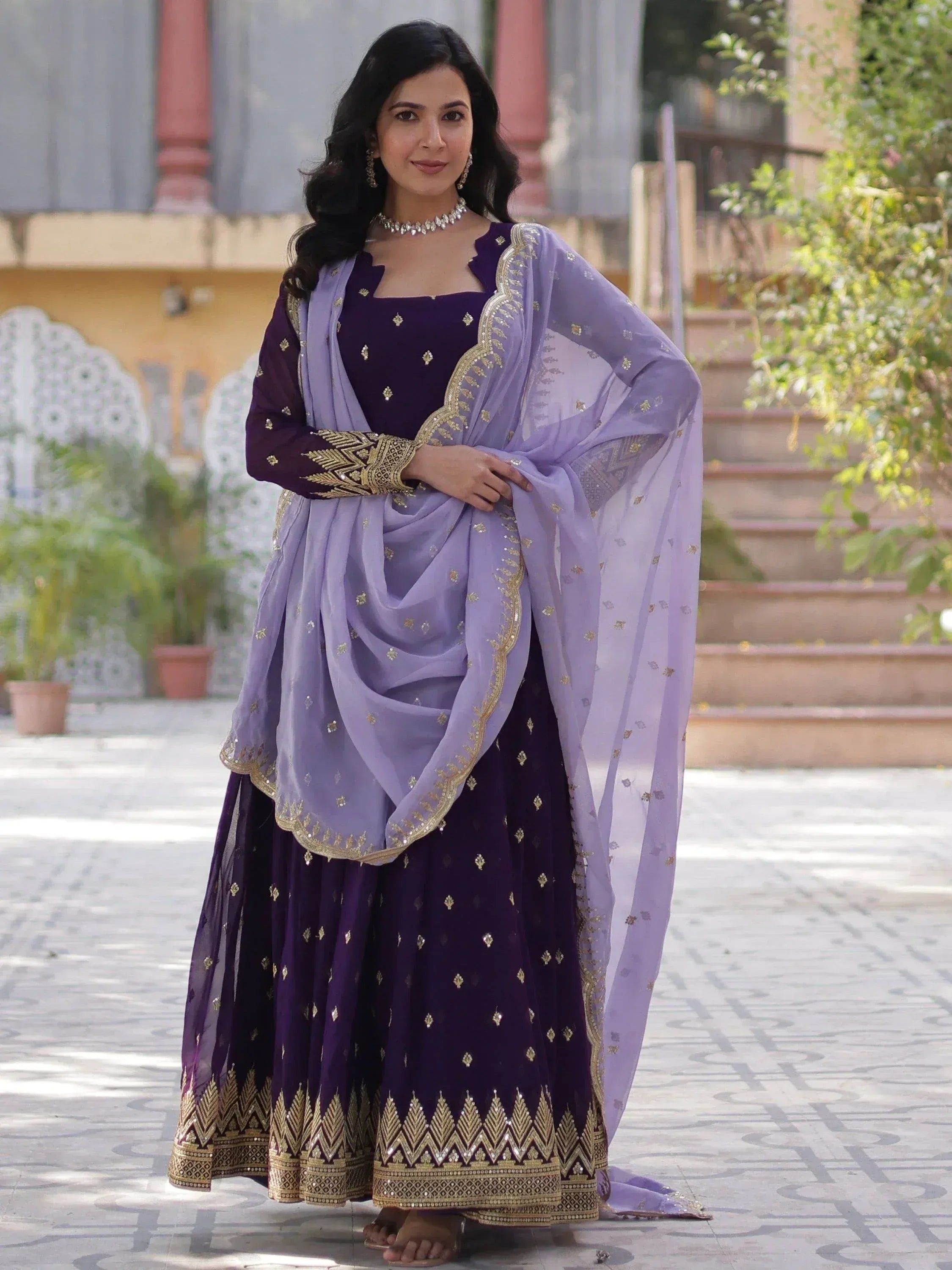 Purple and lavender designer lehenga choli with gold embroidery, perfect for Indian ethnic wear occasions