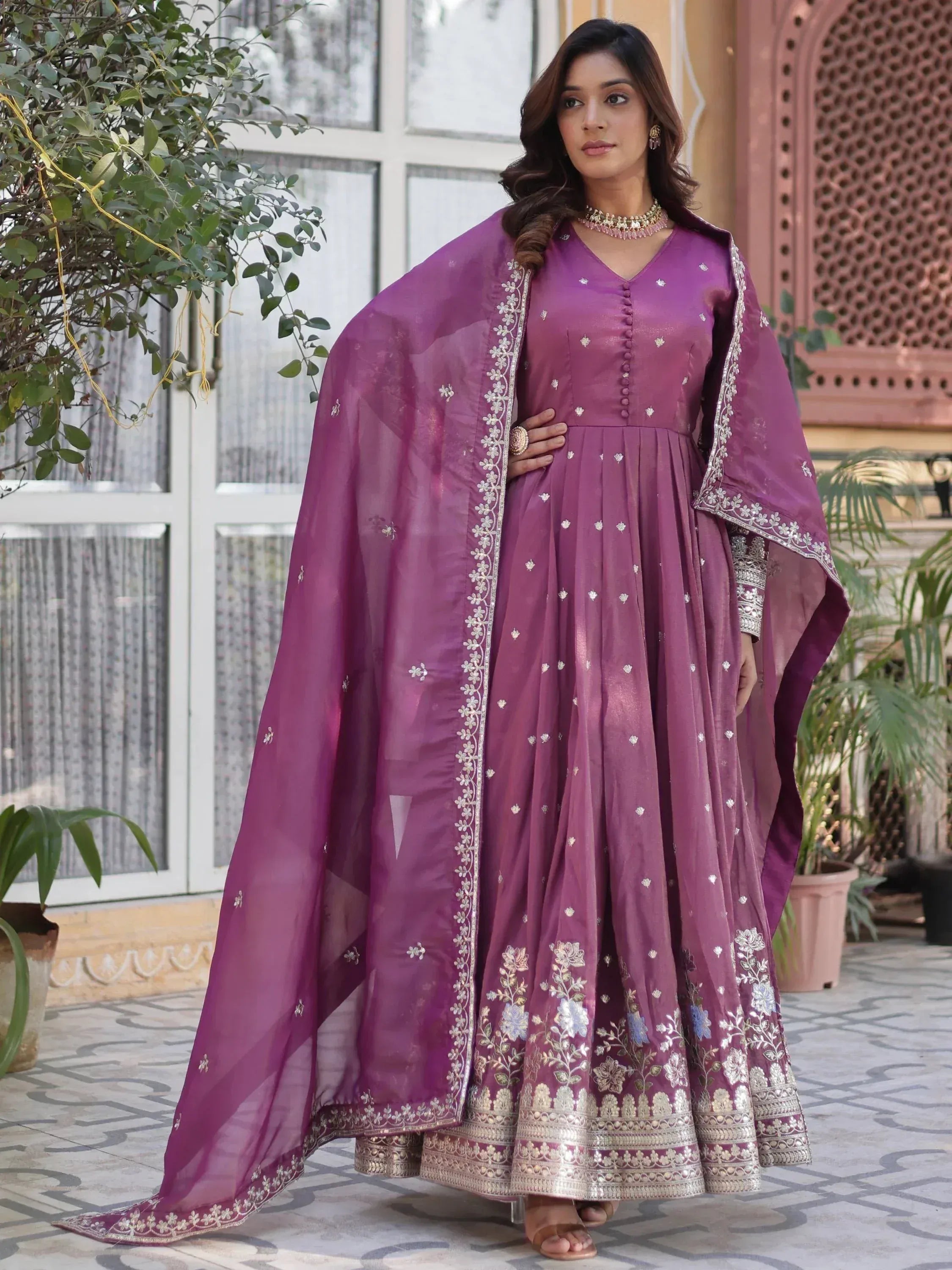 Purple embroidered anarkali suit with floral dupatta, Indian ethnic wear for women
