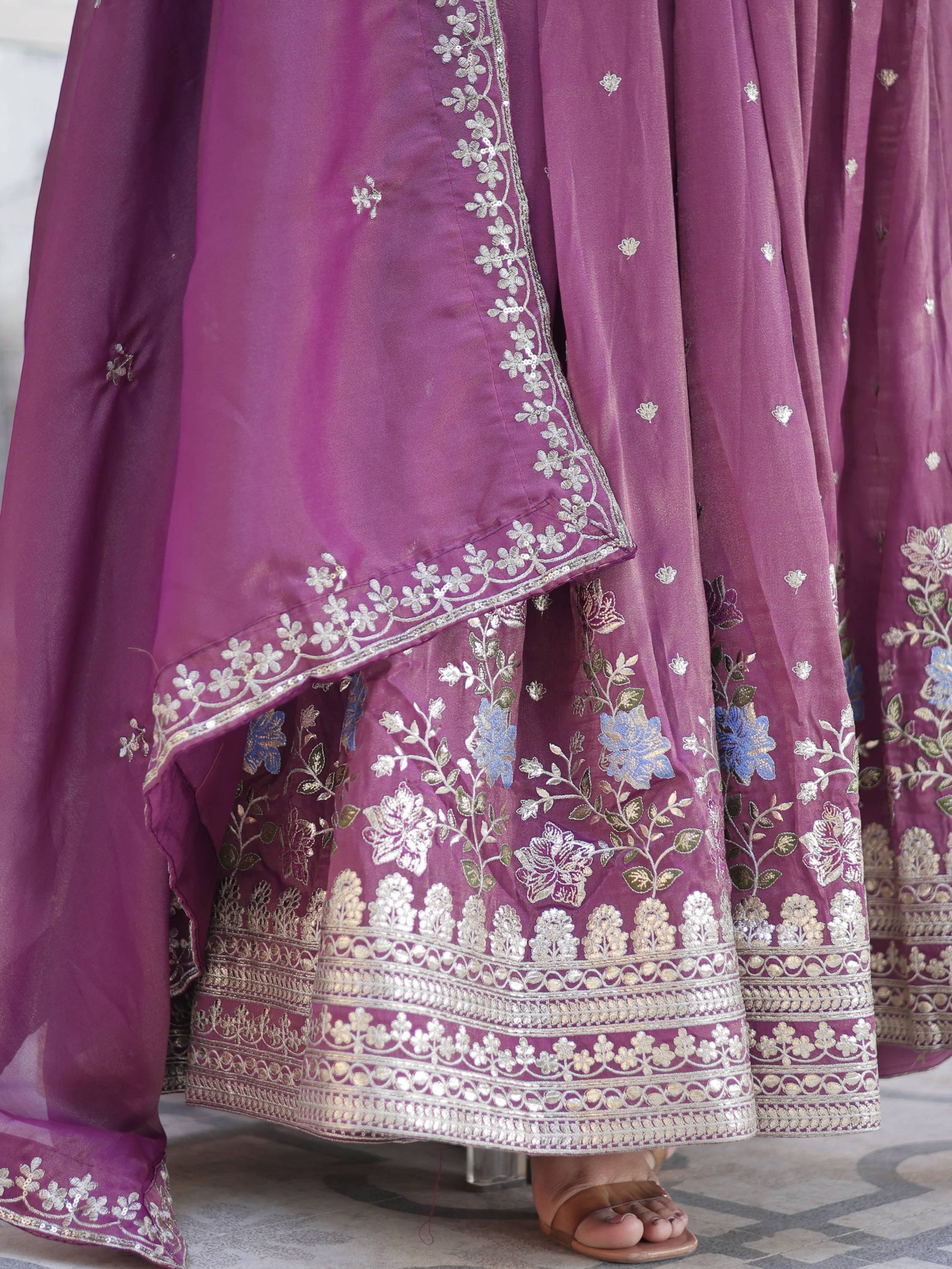 Purple lehenga choli with floral embroidery and gold border, Indian ethnic wear