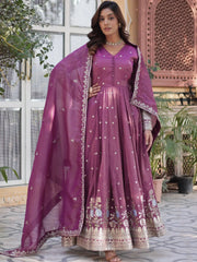 Pretty Mauve Zari Work Viscose Silk Festive Wear Gown With Dupatta