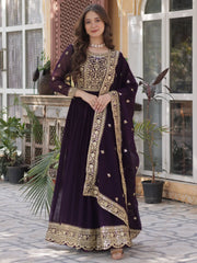 Alluring Wine Zari Work Georgette Festive Wear Gown With Dupatta