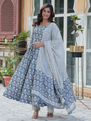 Gorgeous Grey Printed Cotton Summer Wear Anarkali Suit With Dupatta