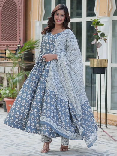 Gorgeous Grey Printed Cotton Summer Wear Anarkali Suit With Dupatta