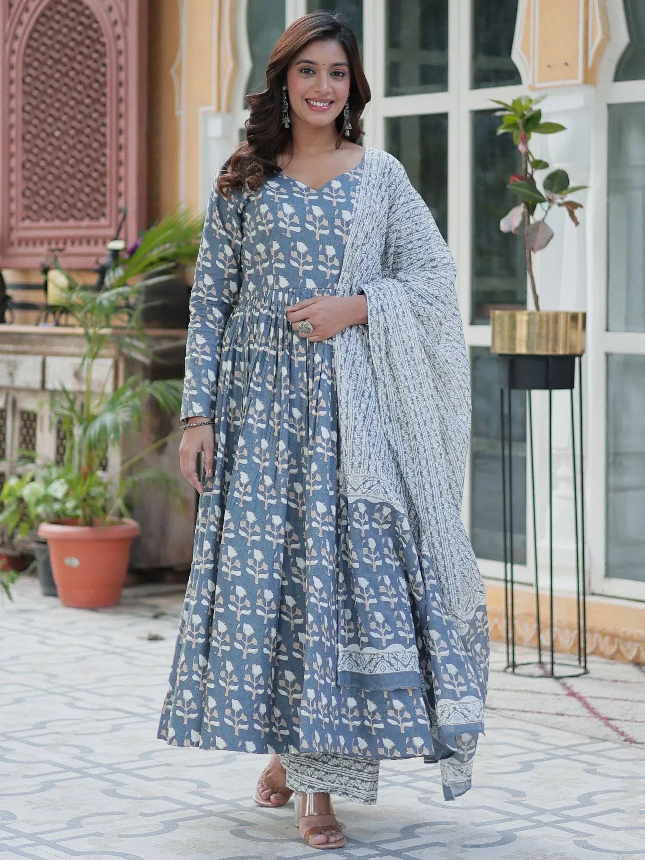 Blue floral print anarkali suit with matching dupatta, ethnic Indian wear for women