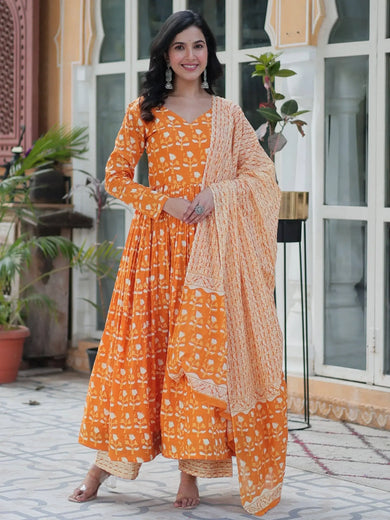 Alluring Orange Floral Printed Cotton Anarkali Suit With Dupatta