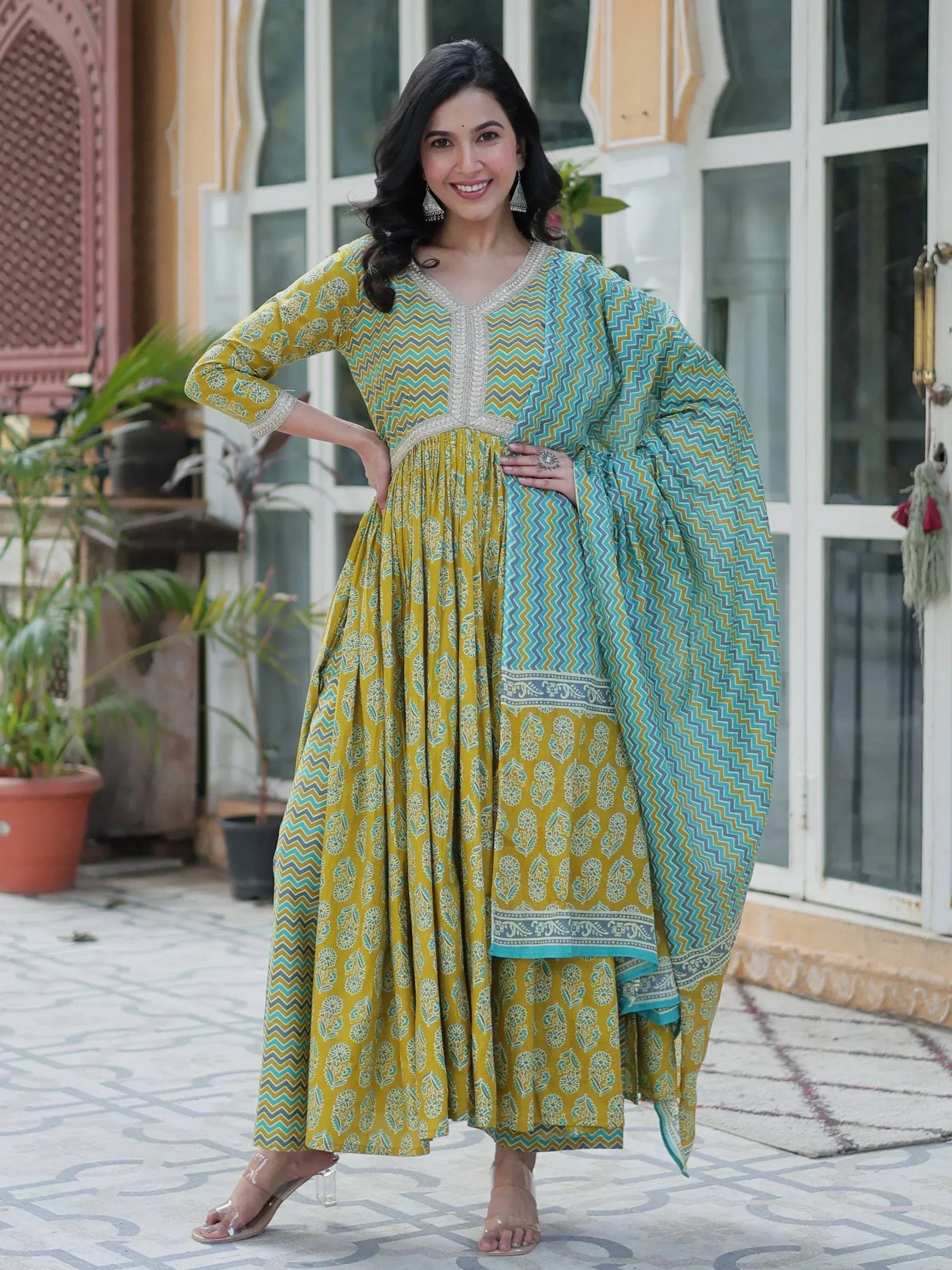 Yellow and blue printed ethnic gown with cape, perfect for Indian occasions and festive wear