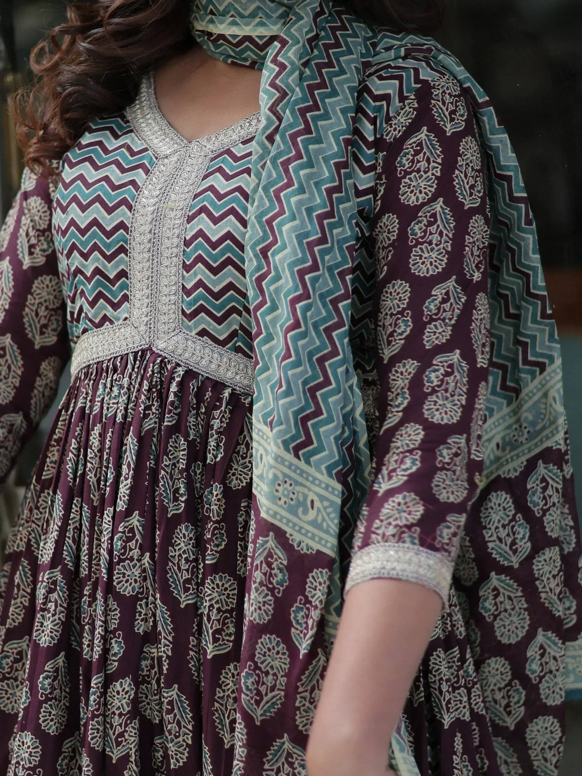 Purple and teal printed ethnic kurta with silver embroidery and matching dupatta