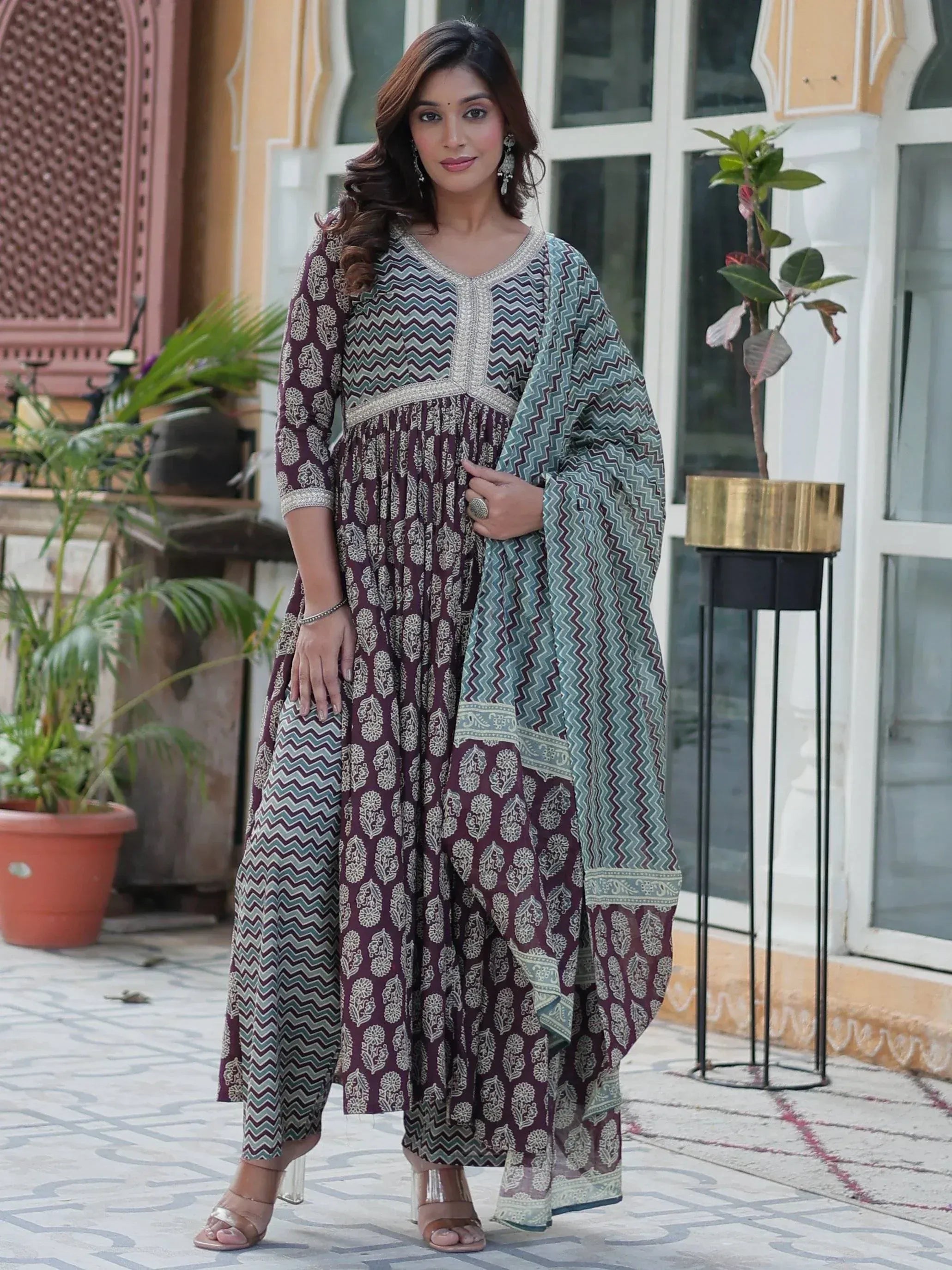 Woman in printed ethnic kurta with palazzo pants and dupatta, Indian designer wear