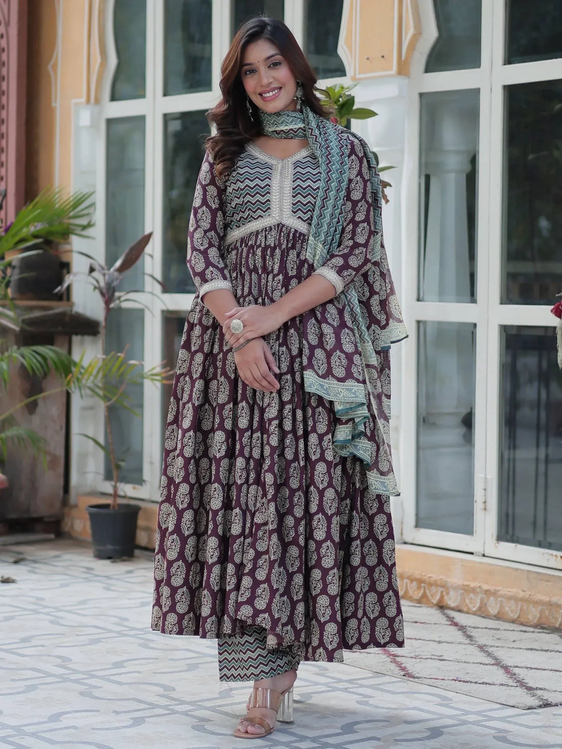Elegant maroon printed anarkali suit with matching dupatta, perfect for Indian ethnic wear occasions.