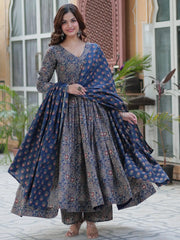 Enchanting Navy Blue Printed Cotton Festive Wear Anarkali Suit With Dupatta