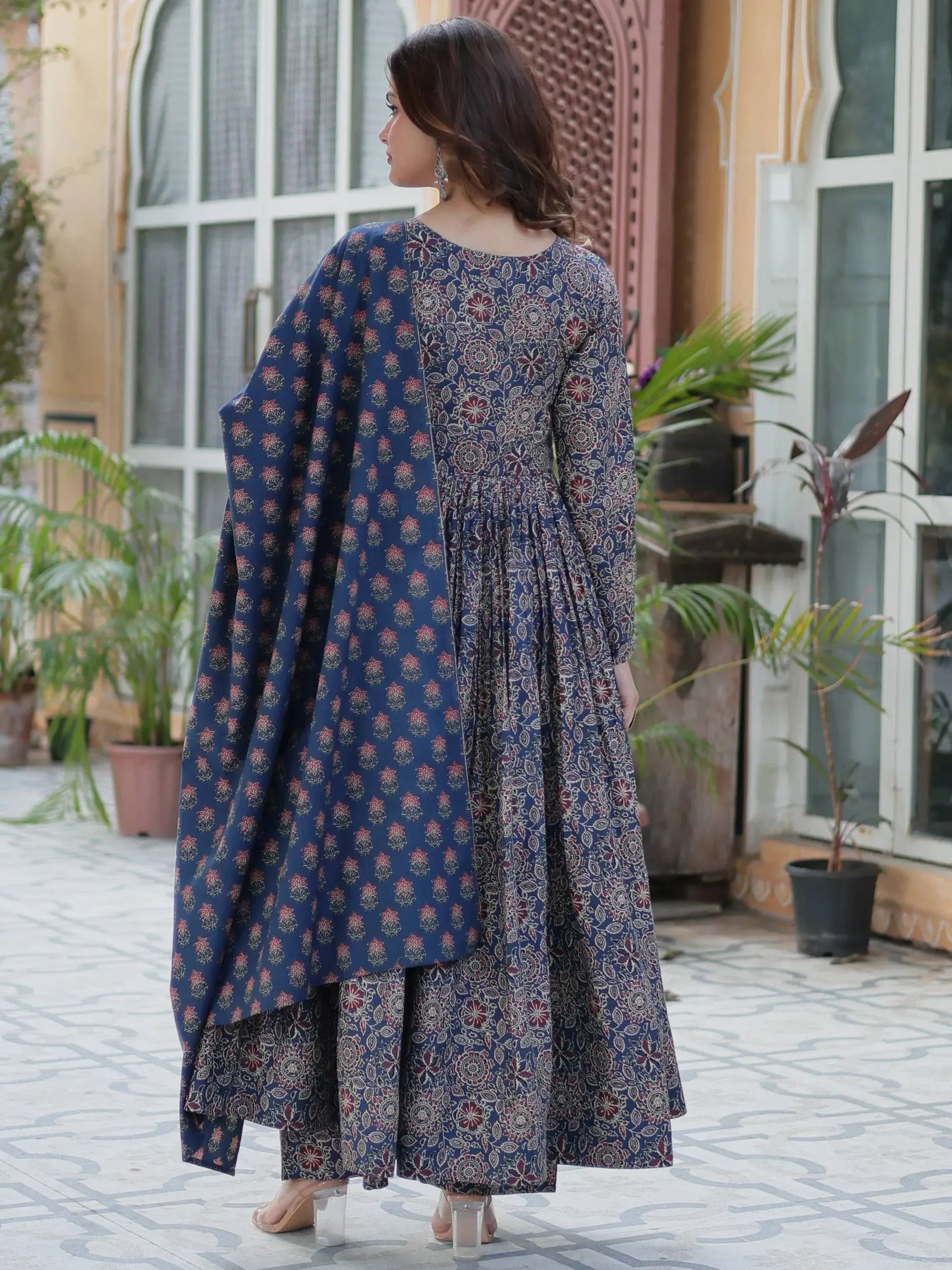 Blue floral print ethnic gown with matching palazzo pants, perfect for Indian occasions