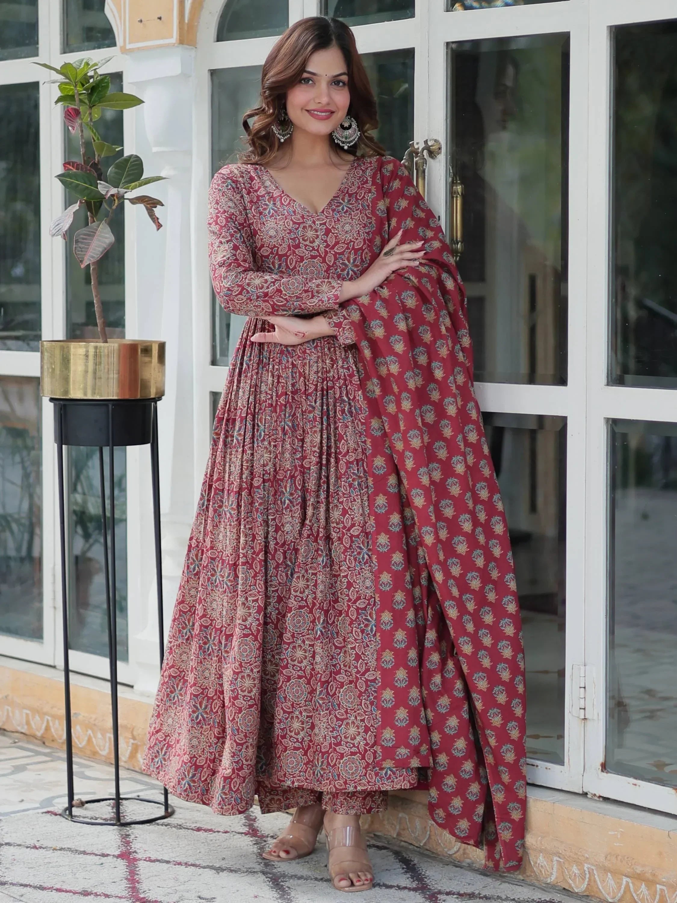 Adorable Maroon Printed Cotton Festive Wear Anarkali Suit With Dupatta