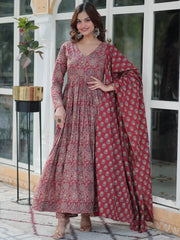 Adorable Maroon Printed Cotton Festive Wear Anarkali Suit With Dupatta