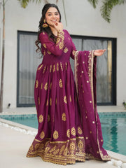 Ravishing Wine Zari Embroidery Georgette Event Wear Gown With Dupatta