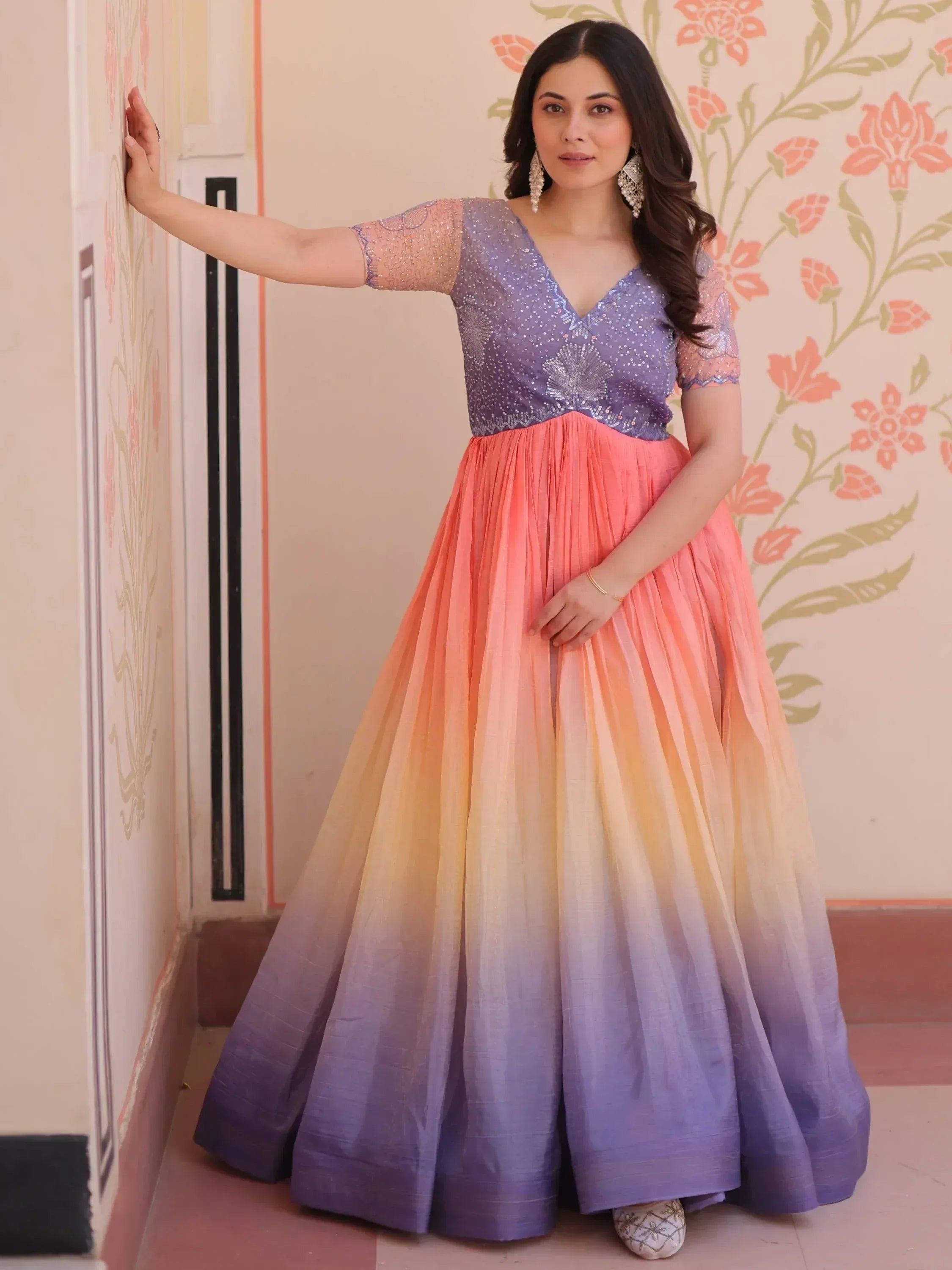 Woman in purple sequin top with ombre pink to purple lehenga, Indian ethnic wear