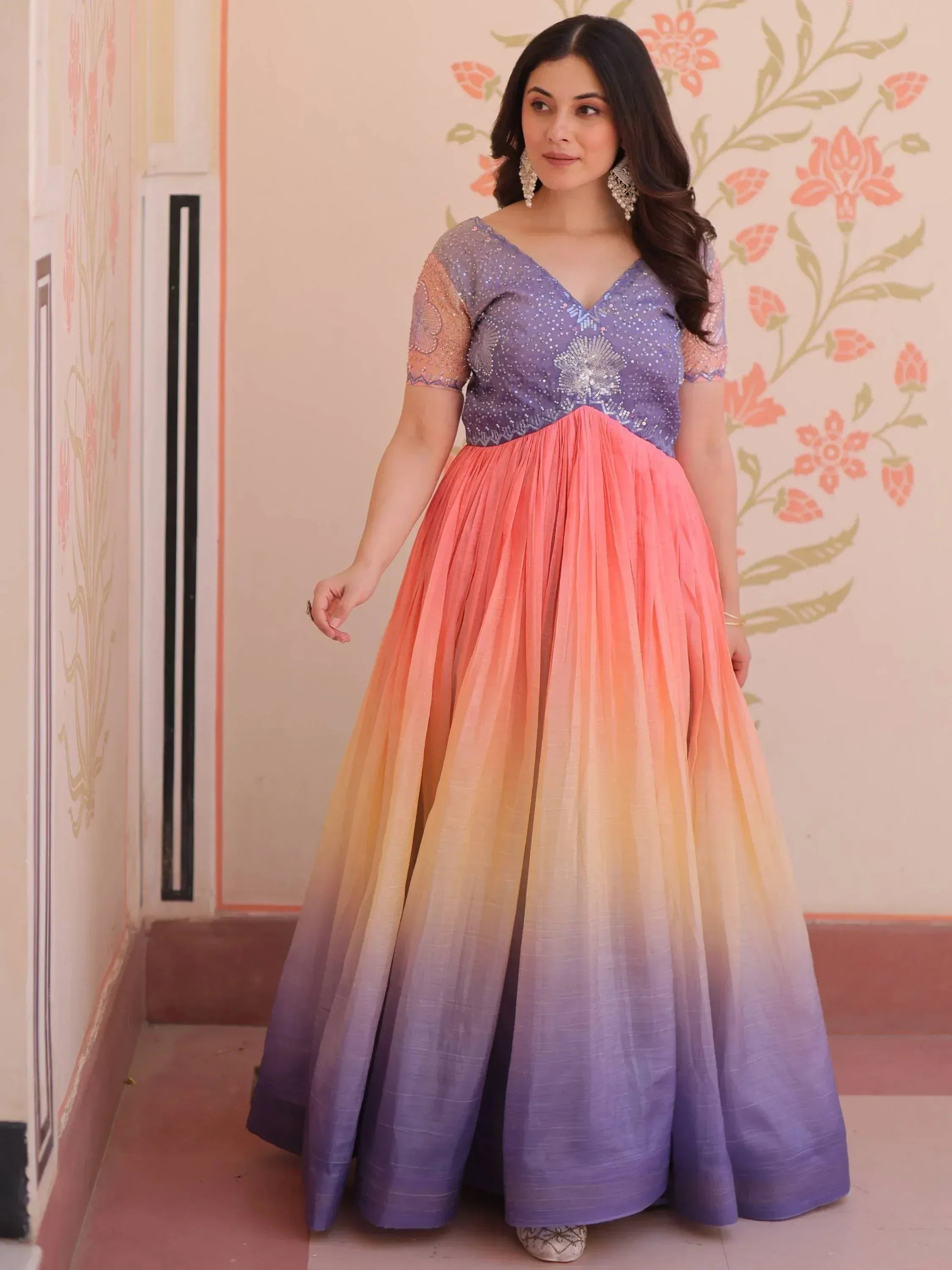 Purple sequin top with ombre pink to purple pleated skirt, Indian ethnic gown for women