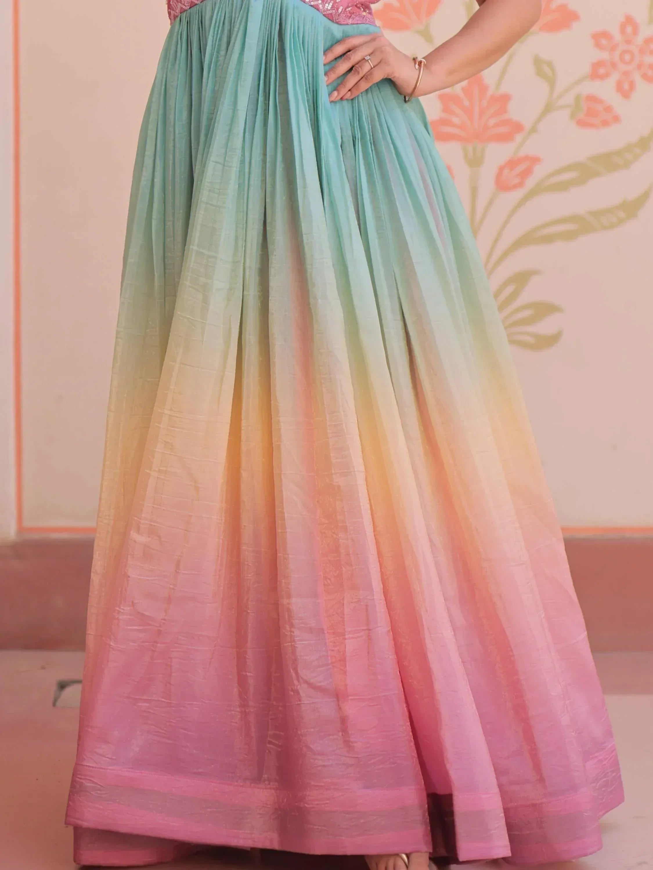 Pastel ombre lehenga skirt with pleats, ideal for Indian ethnic wear and festive occasions