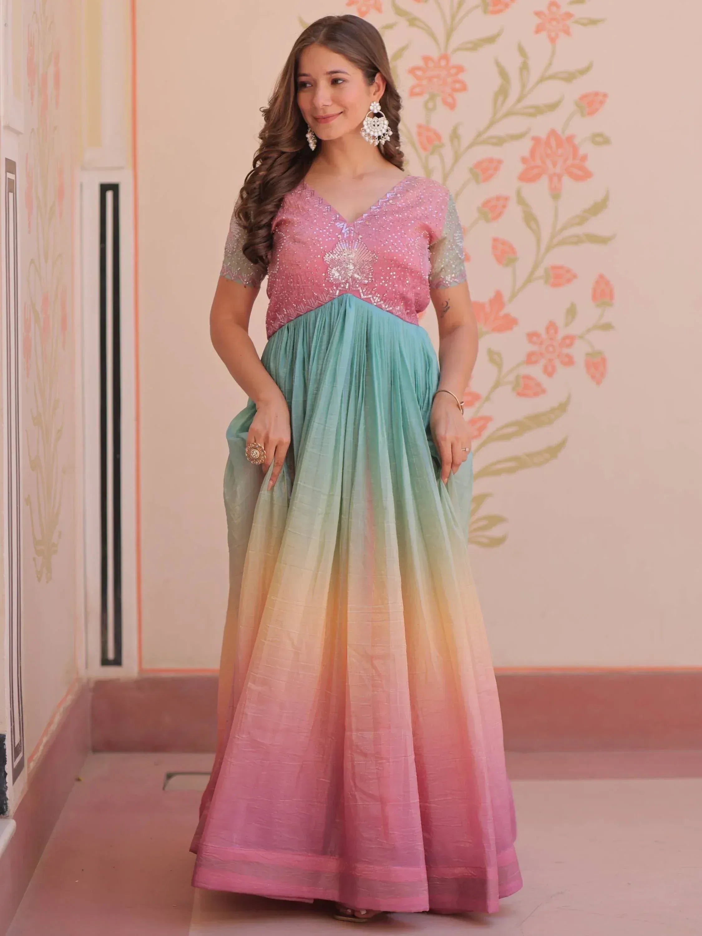 Elegant gradient ethnic gown with sequined pink top and ombre skirt for festive occasions