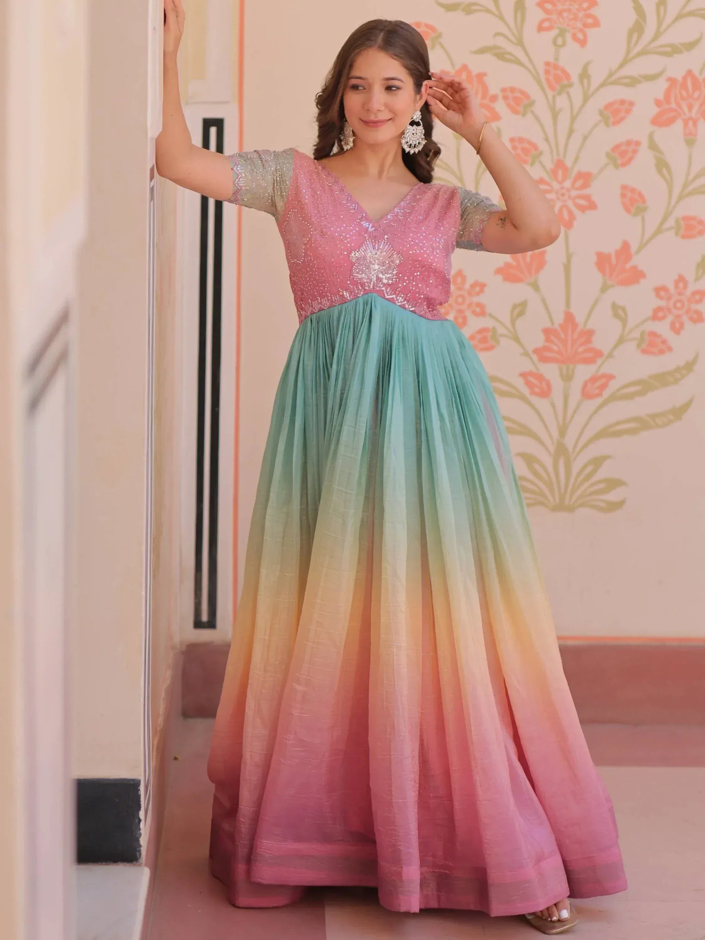 Elegant gradient ethnic gown with sequined pink top and flowing pastel skirt
