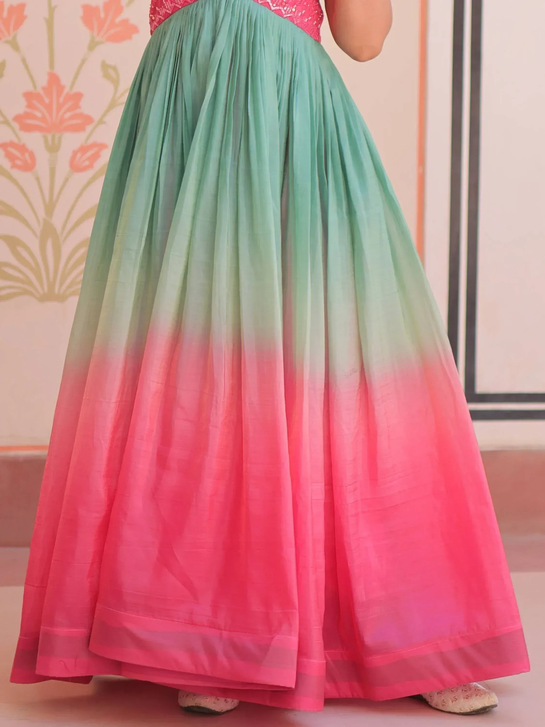 Ombre green to pink pleated skirt, Indian ethnic wear, designer lehenga style