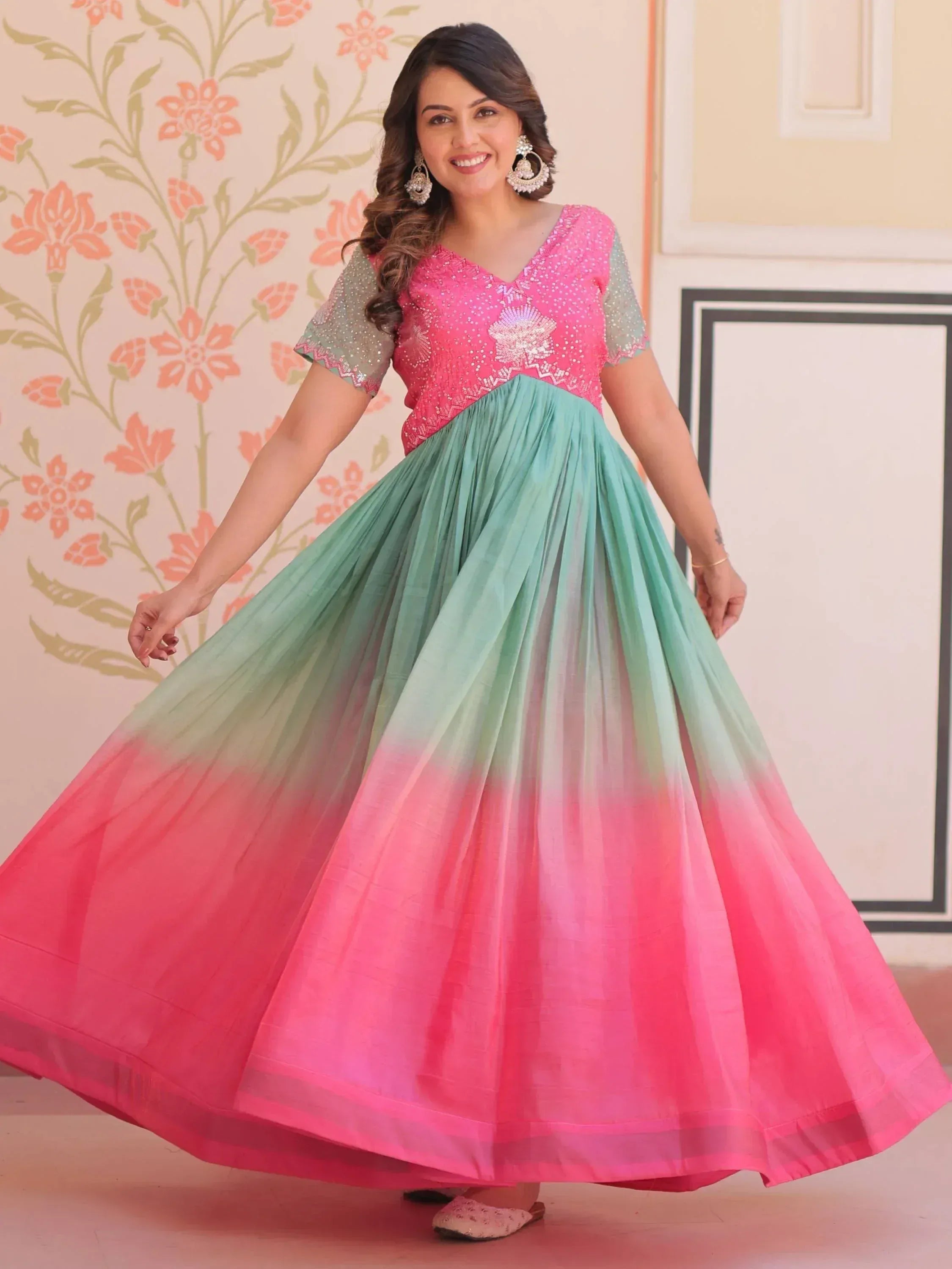Pink and mint green ombre ethnic gown with sequin embroidery, perfect for Indian festivals and weddings.