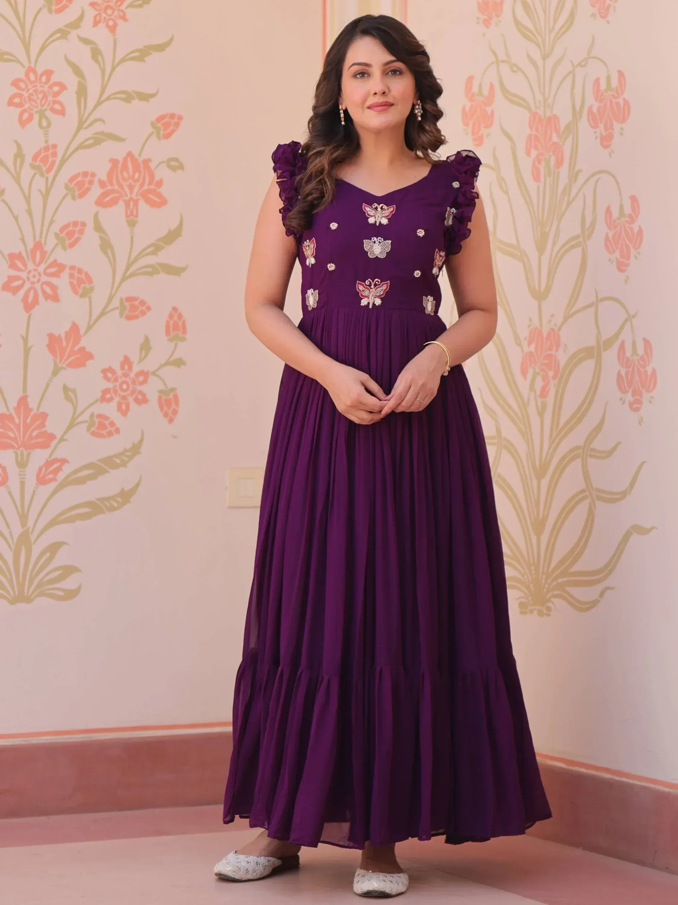 Purple ethnic gown with butterfly embroidery and ruffled sleeves for women