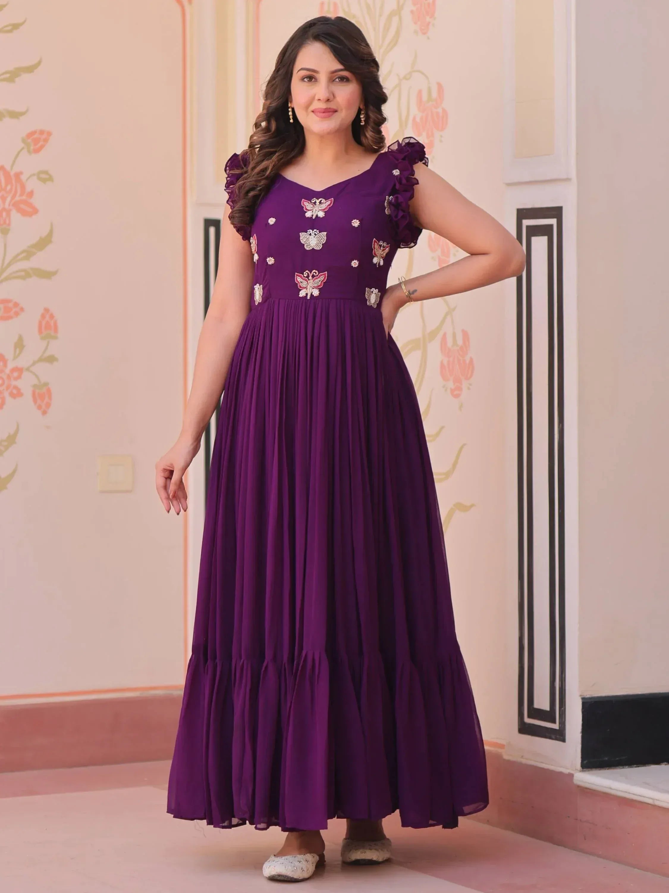 Purple ethnic gown with butterfly embroidery and ruffled sleeves for women