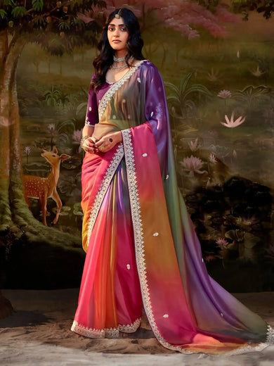 Lovely Multi Color Sequins Organza Festival Wear Saree With Blouse