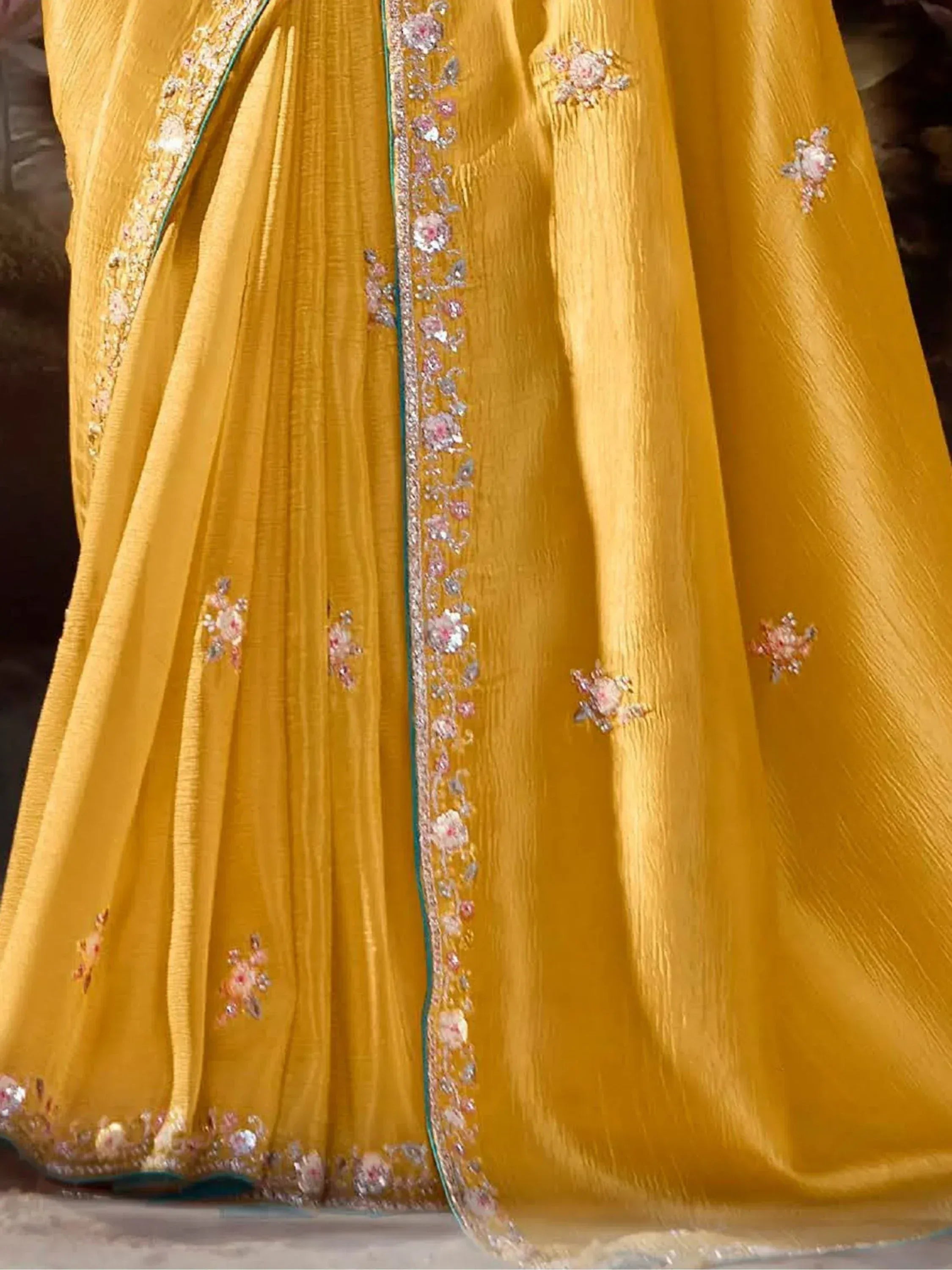 Yellow ethnic gown with floral embroidery and embellished border for Indian wear