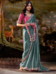 Gorgeous Sea Green Sequins Organza Wedding Wear Saree With Blouse