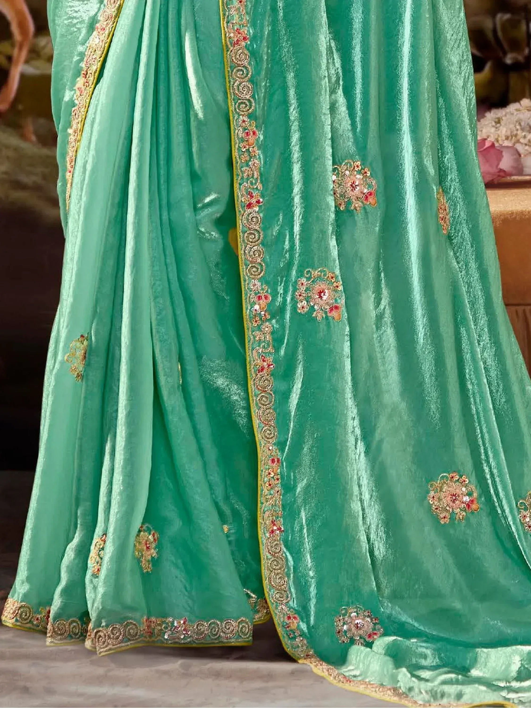 Mint green velvet lehenga choli with gold and floral embroidery, perfect for Indian ethnic wear