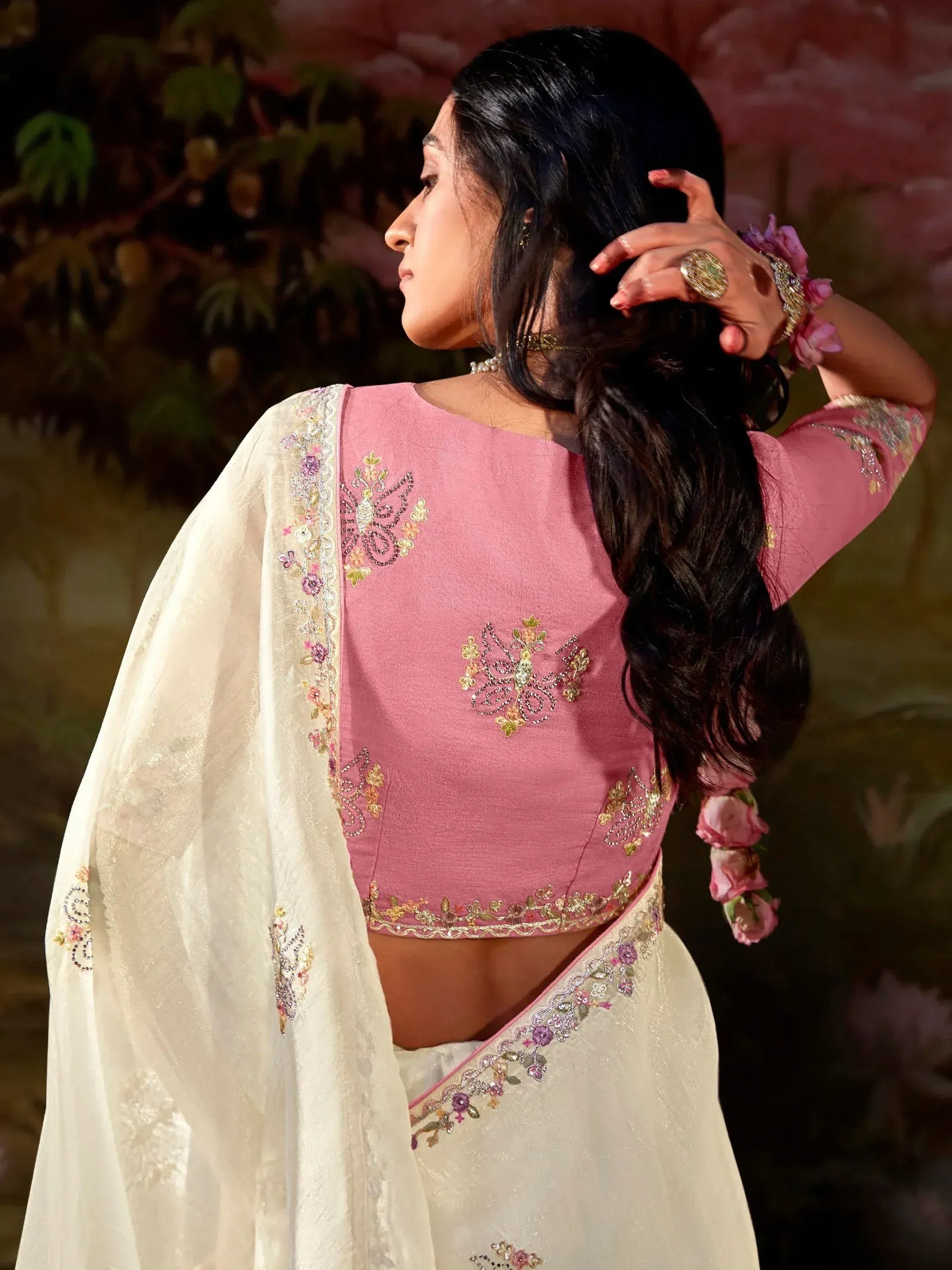 Pink embroidered crop top with white floral dupatta, Indian ethnic wear for women