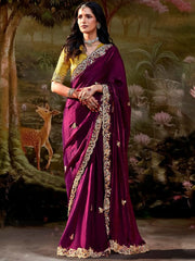 Attractive Wine Sequins Organza Wedding Wear Saree With Blouse