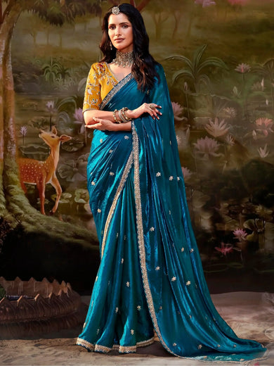 Dazzling Teal Blue Sequins Organza Festival Wear Saree With Blouse