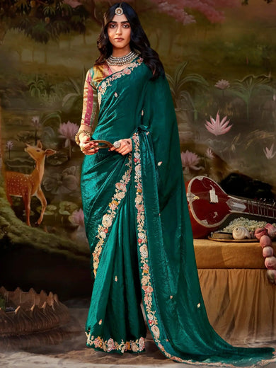 Adorable Teal Green Sequins Organza Wedding Wear Saree With Blouse