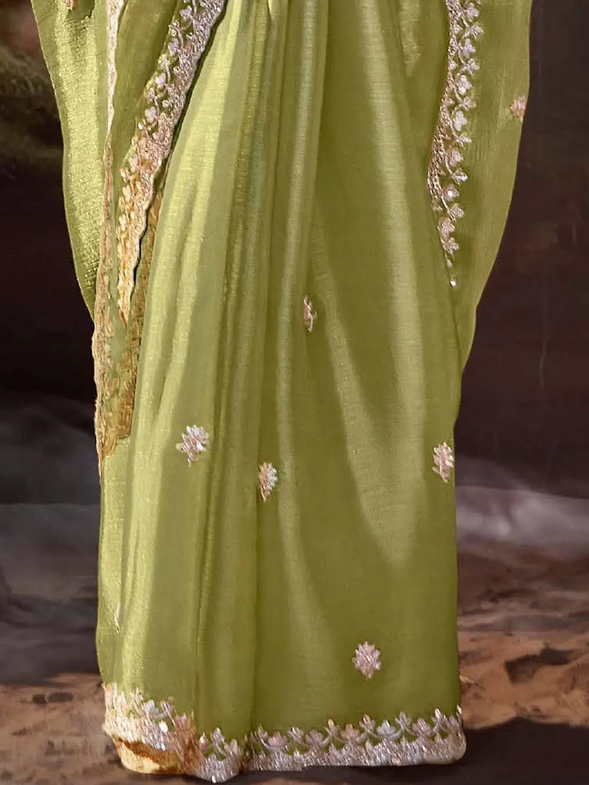 Olive green designer lehenga with floral embroidery and sequin detailing for Indian ethnic wear