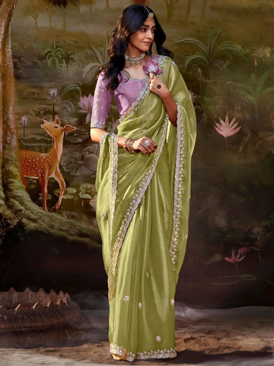 Graceful Pista Green Sequins Organza Wedding Wear Saree With Blouse