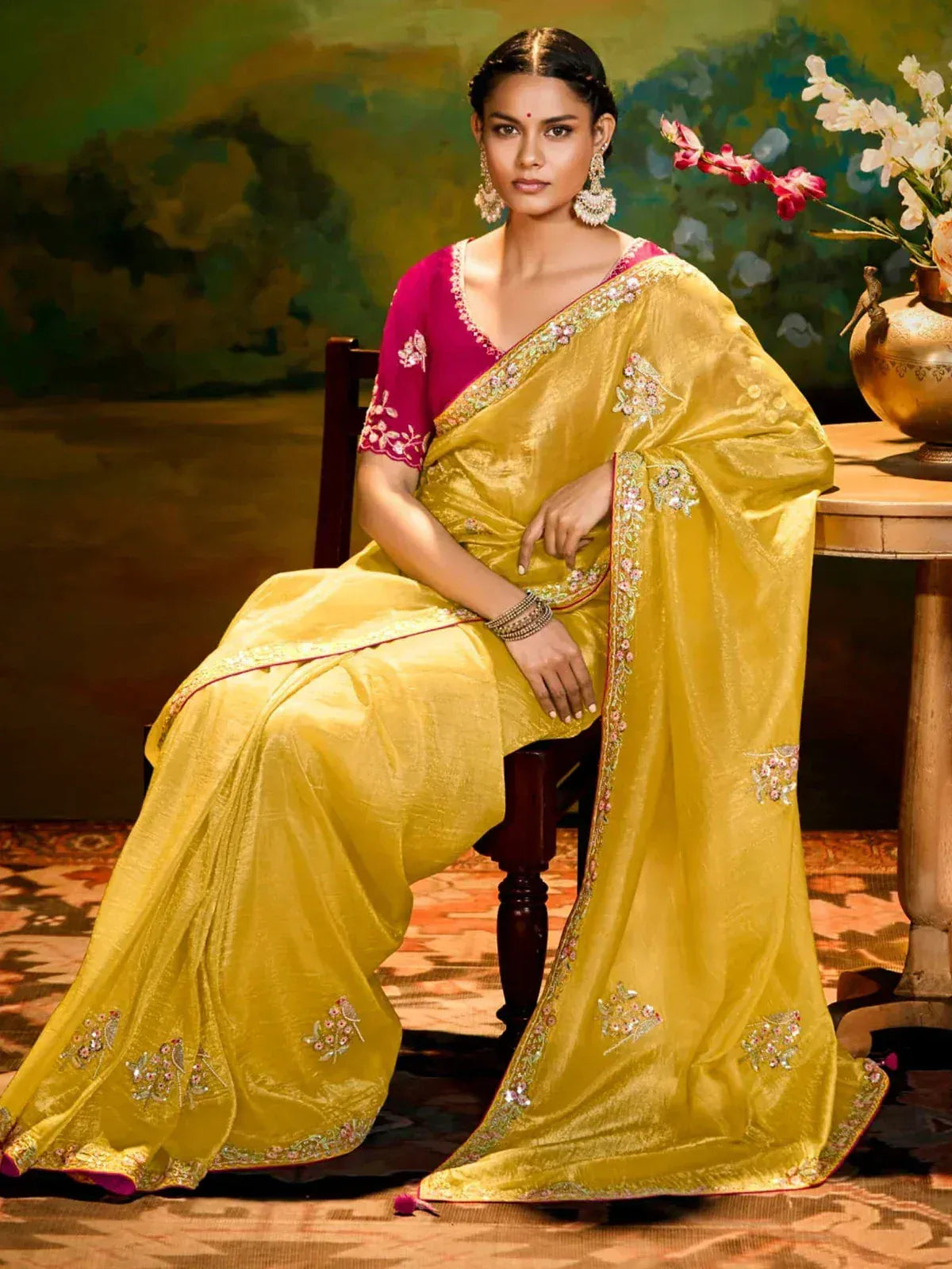 Yellow embroidered saree with pink blouse, ethnic Indian wear for women