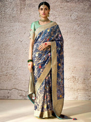 Dazzling Navy Blue Zari Weaving Silk Wedding Wear Saree With Blouse