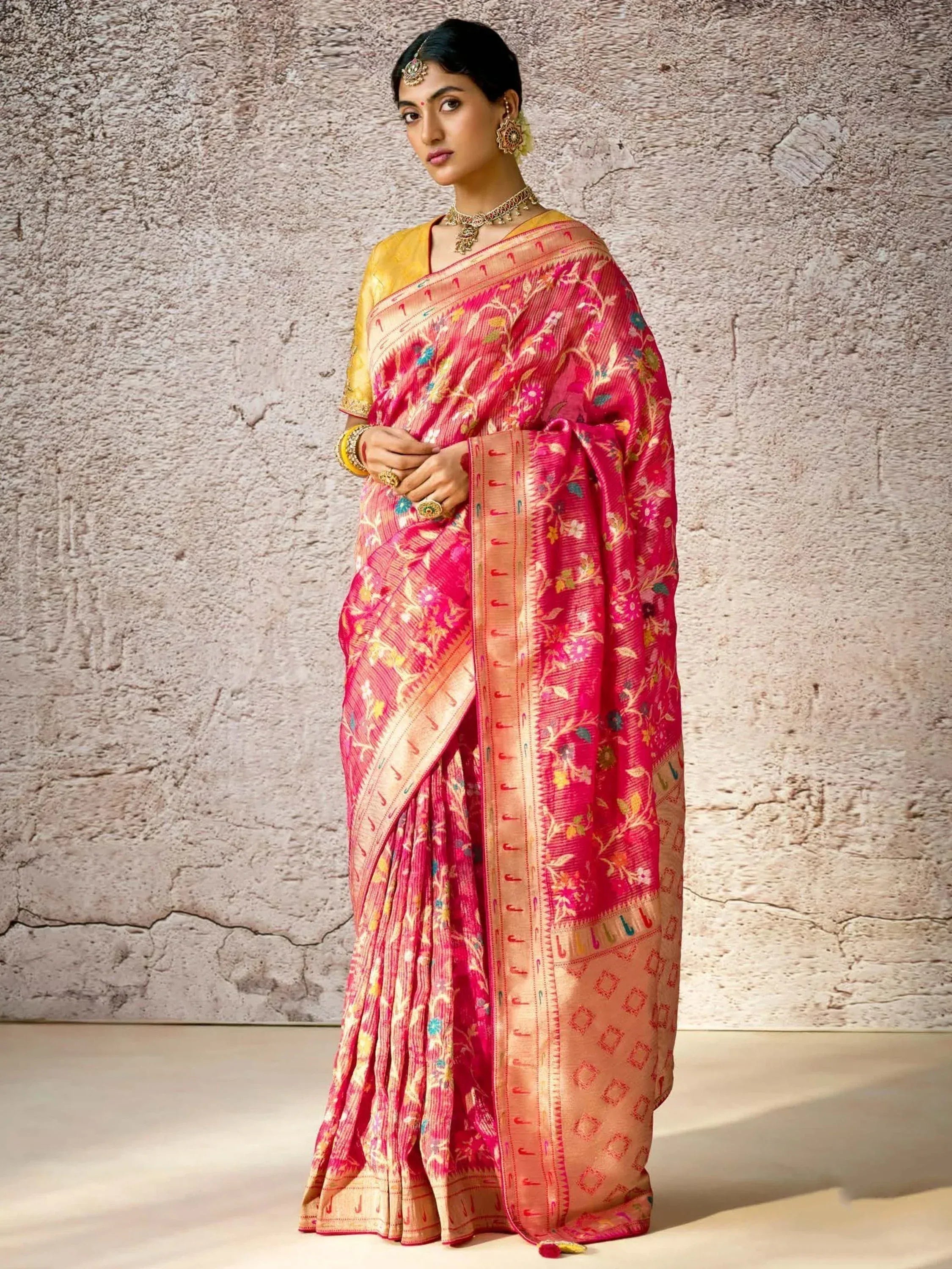 Pink floral designer saree with gold blouse, ethnic wear for women