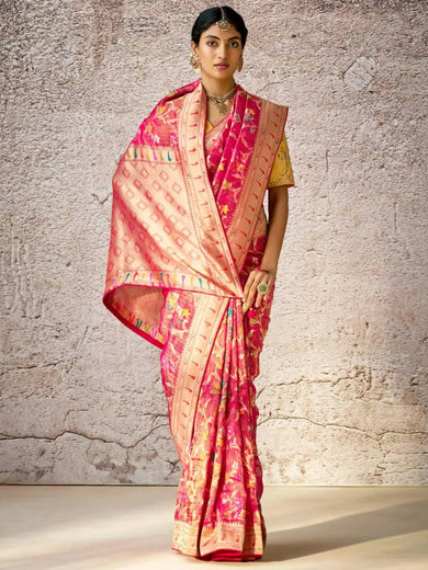 Astonishing Pink Zari Weaving Silk Function Wear Saree With Blouse