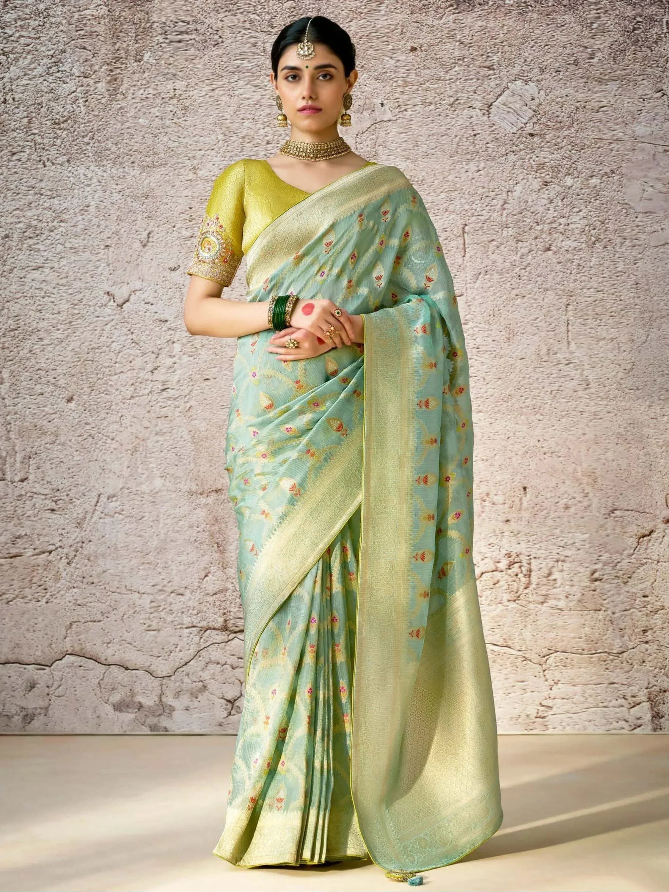 Woman in light green floral saree with gold blouse, traditional Indian ethnic wear for weddings and festivals