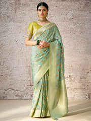 Surprising Pista Green Zari Weaving Silk Event Wear Saree With Blouse