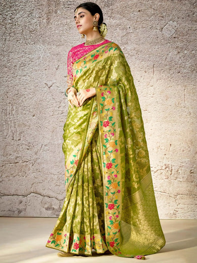 Gorgeous Olive Green Zari Weaving Silk Mehendi Wear Saree With Blouse