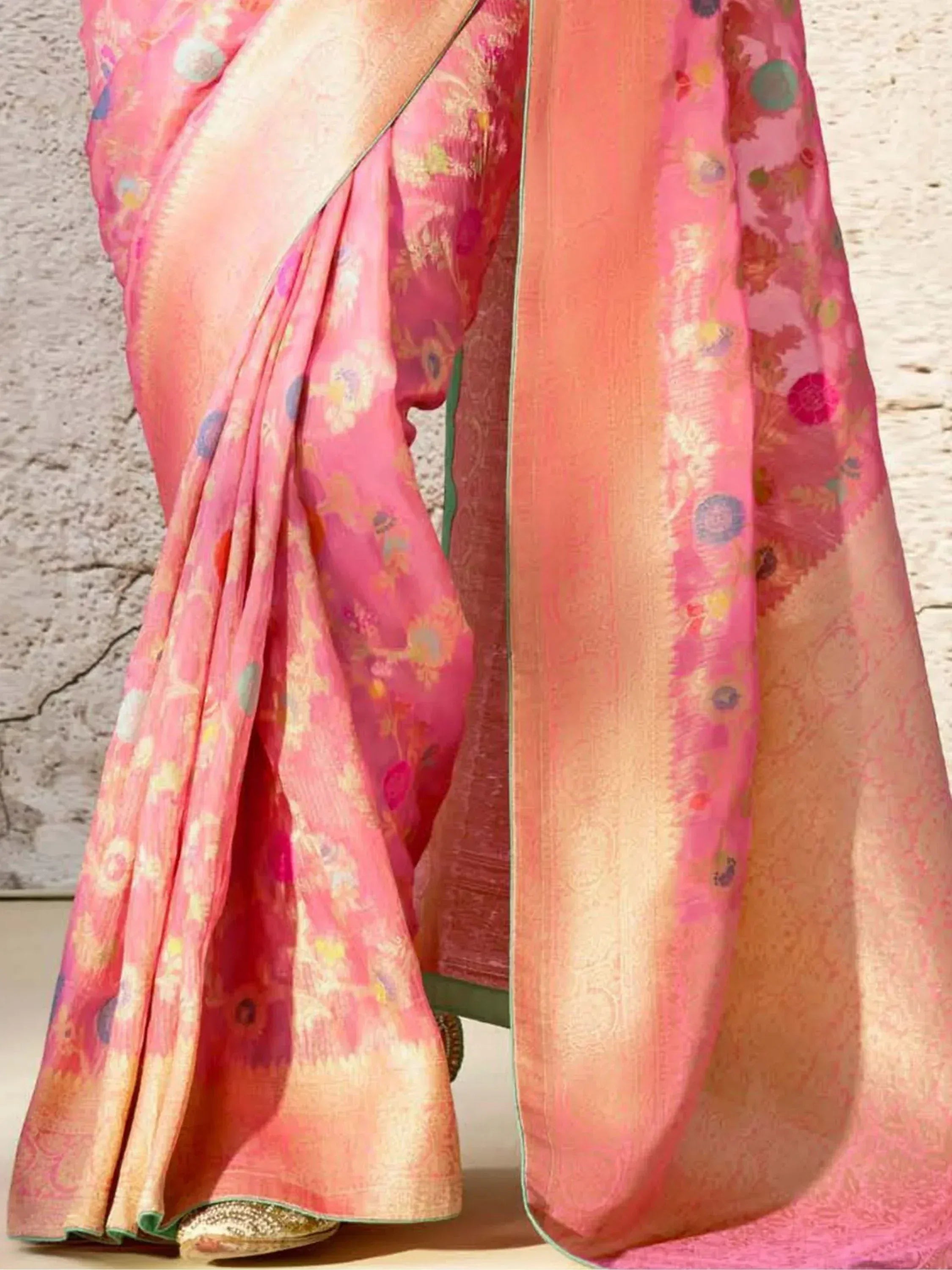 Pink floral designer saree with golden border, ethnic wear for women